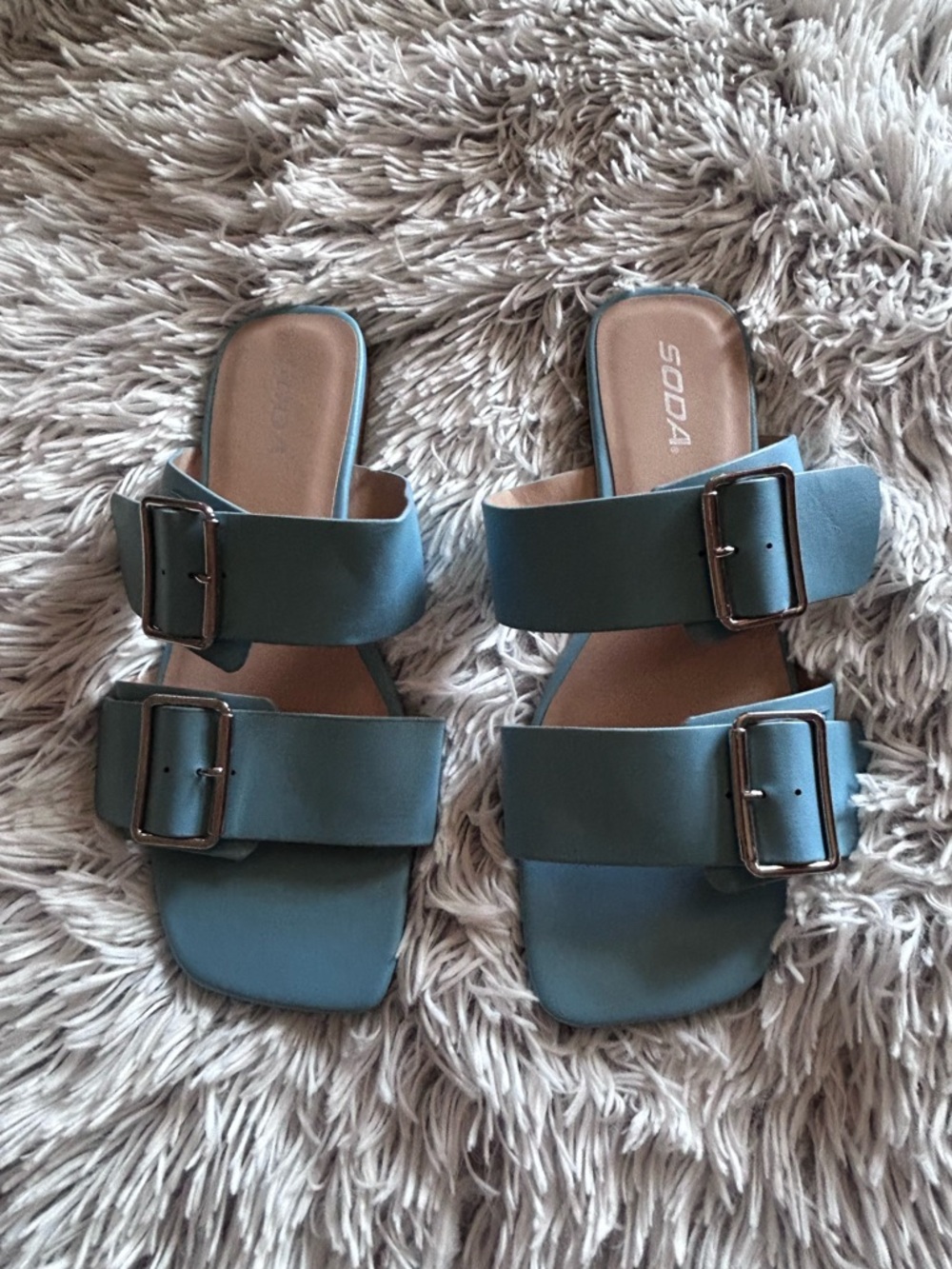 Soda Women's Double Buckle Slide Sandals in Baby Blue-Size 9-Good